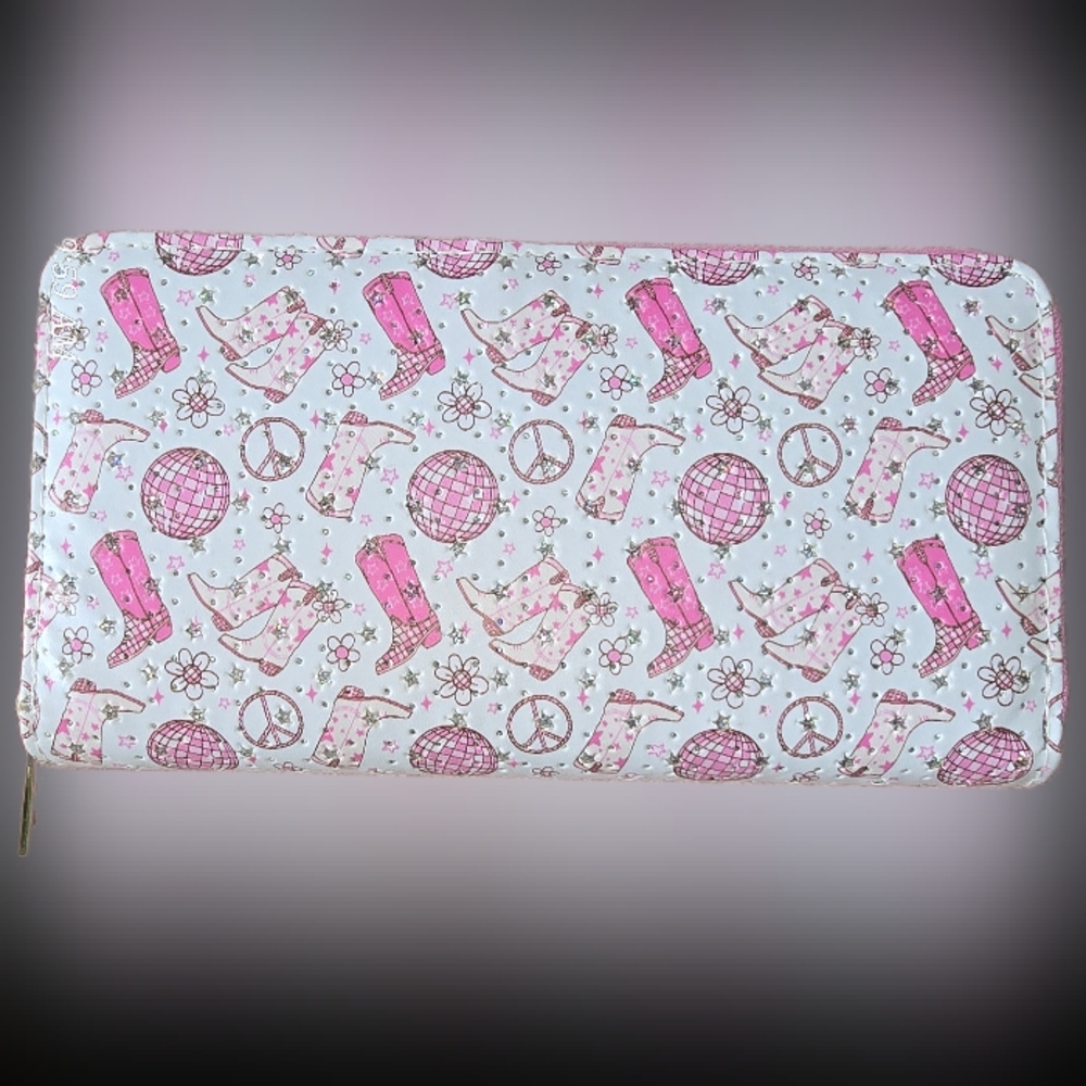 pink boots/rhinestones zipper wallet nwot no brand name